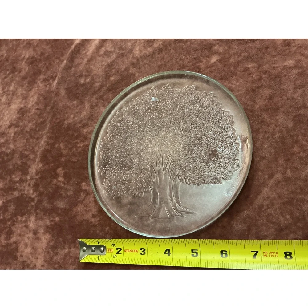 Vintage Clear Glass Tree of Life Round Serving Platter Trivet 7.5 Inch